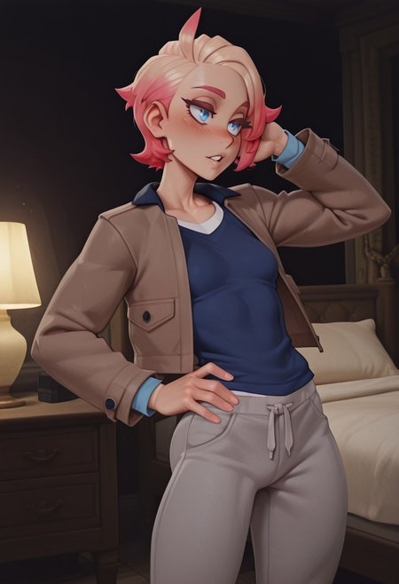 masterpiece, best quality, newest, absurdres, highres, dark lighting, pixelsketcher, solo, 
1girl, tomboy, androgynous, soft feminine body, small breasts, 
urbain, partner, za, trainer, shirt, jacket, pants, blue shirt, , blue eyes, brown jacket, open jacket, open clothes, short hair, pink hair, grey pants, long sleeves, 
long eyelashes, thick eyelashes, 
sexy, seductive, bedroom eyes, blush, parted lips, playful, one hand in hair, one hand on hips, 
bedroom, standing,