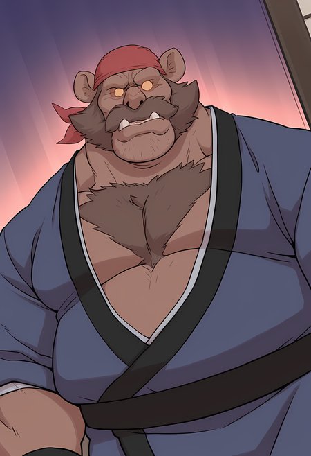 masterpiece, best quality, amazing quality, dutch angle, abstract background, BREAK
1boy, solo, male focus, cl_peyj, brown body, bara, animal ears, facial hair, mustache,  orange lenses, bandana, yukata, japanese clothing, BREAK
<lora:cfg_scale_boost:.6>    <lora:Peyj_-_Captain_Laserhawk_A_Blood_Dragon_Remix_-_ILXL:1>