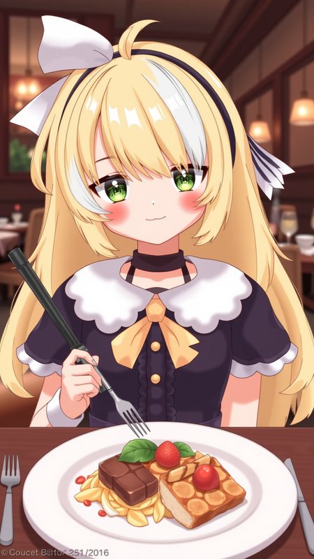inis, blonde hair, green eyes, smile, streaked hair, headband,
POV you are eating with inis indoors at a fancy restaurant