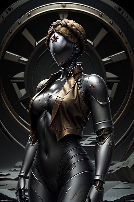 horror style,oxidetech,rusty steel,post-apocalypse,ruins,abandoned city background, AHTwins, 1girl, robot, no face, blonde hair, braid, star (symbol), braided hair,jacket,(metal skin:1.3),moscow,, intricate, elegant, highly detailed, symmetry, magical atmosphere, sharp focus, majestic, very coherent, radiant, advanced, cinematic, artistic, fine detail, winning, beautiful, stunning, dramatic light, designed, rich deep colors, perfect professional background, ambient, tailored set composition  . dark, eerie, gothic, macabre
