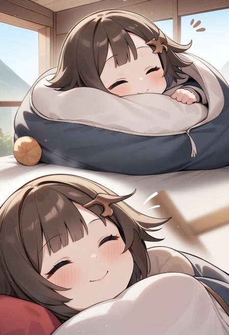 masterpiece, best quality, very aesthetic, absurdres, <lora:sleepingbag:1> ship cabin, girl in schlafsack, sleeping bag, comfy, content expression, sleeping, small smile, leona \(granblue fantasy\)