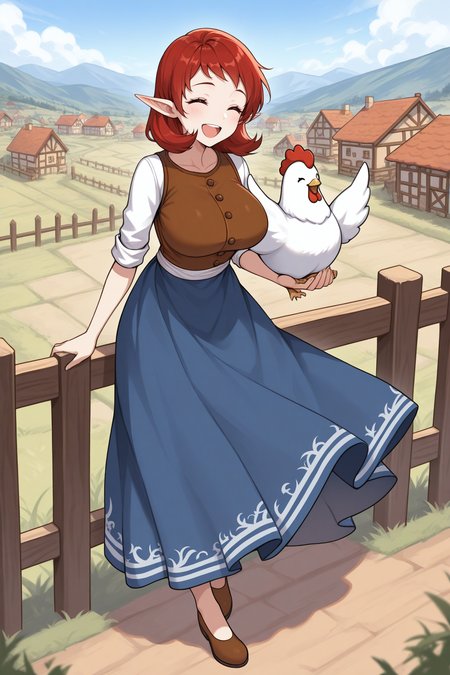 masterpiece, best quality, 1girl, solo,  <lora:anju-illu-nvwls-v1-000006:1> mmaju, red hair, medium hair, closed eyes, pointy ears, brown vest, white shirt, sleeves rolled up, blue skirt, long skirt, brown shoes, large breasts, holding white chicken, happy, open mouth, blue sky, fence, village, smile