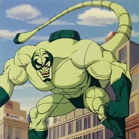 norman rockwell style, muscular, veiny biceps, open mouth, evil grin, sky, evil smile, tail, boots, building