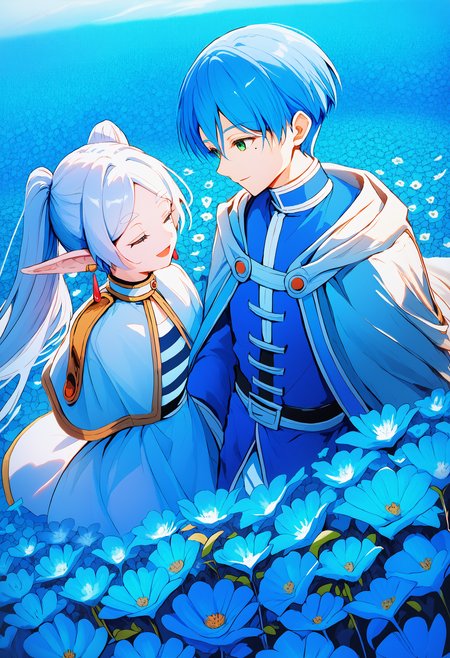 himmel \(sousou no frieren\), 1girl, frieren, pointy ears, elf, 1boy, blue hair, jewelry, flower, earrings, long hair, green eyes, capelet, short hair, white capelet, striped shirt, closed eyes, mole under eye, twintails, blue flower, striped clothes, cloak, long sleeves, mole, smile, flower field, white hair, shirt, dress, open mouth, looking at another, hetero, field, parted bangs, white skirt ,<lora:fantasy_superlora_v1:1> score_9, score_8_up, score_7_up, score_6_up, absurdres, masterpiece, best quality, very aesthetic