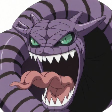 score_9, score_8_up, score_7_up,  source_cartoon, cel shading, fca style, Naruto_Manda, snake, slit pupils, green eyes, purple body, body markings, black eye markings, 2 pair of horns, black belly scales,
one_piece_funny_face, eye pop, snot, sharp teeth, eyes vein lines, open mouth, tongue out, long tongue