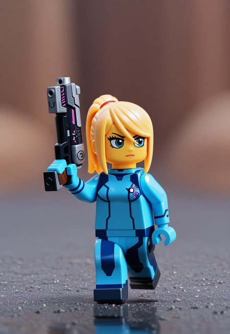masterpiece, best quality, 1girl, solo,lmfstyle, figure, lego minifig, lego minifigure, toy figure, plastic texture, colored skin, yellow skin, chibi, realistic background, samus aran, zero suit, holding gun, looking to the side