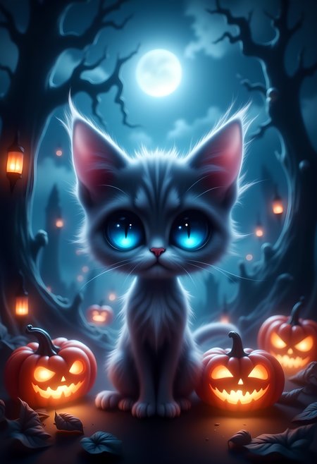 cute chibi cat, blue eyes, horror theme, halloween theme, graveyard background, night, pumkin lamps,