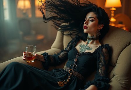 luxury magazine phtotography, Full body Beautiful lady pirate, black hair blowing, tattoo at her neck, sits relaxed while holding a glass of whiskey. highly detailed dress, mistery, Gothic aesthetic, double exposure , Junji Ito, victo ngai, M.W. Kaluta, richard anderson, a masterpiece. highly detailed and intricate, vogue style" subtractive lighting long exposure depth of field DSLR
