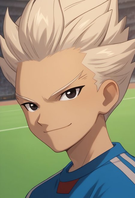 score_9, score_8_up, score_7_up, source_anime, highly detailed, 
axel2, male focus, 1boy, solo, sportswear, black eyes, soccer uniform, smile, raimon, white hair