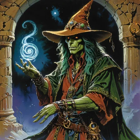 <lora:Spirit_Magic:0.61> spirit magic warlock, making deals with forces beyond reckoning,  <lora:tbh182-sdxl:0.71> style of Clyde Caldwell