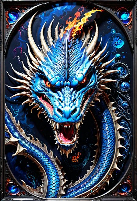 A Alpha Dragon. gothic Art Stylistically diverse painting, create a new and unique visual experience, complex expressions! In the outta realms of your mind, In a world where full 3D is all that matters, Taking art to another level, With colors we never knew exsisted, with mind blowing depth and foreground clarity, abstract details, distinctive visuals, Intricate and Exquisite Definition, (3D Framed, Dragon), Painstaking Attention To Details, Dragon Fire, Blue scales
