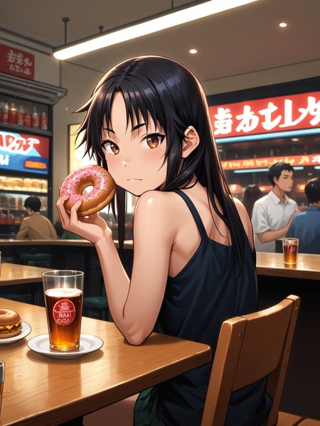 (, solo focus:1.2) <lora:happy_tentacle-hinata-v0.1-000060:1>, ht_hinata, black hair, brown eyes, (petite:1.2), <lora:Shed_The_Skin's StS_age_slider_v1_initial_release:-1.3> ( :1.1) ( , , ( :1.2) , , looking back :1.1) , indoors, ((dusk :0.6), rain :0.8), ( :0.9), (furniture:0.9), , , , people , ( :0.9) , fast food , (chair, table:0.5), (doughnut , whiskey :0.8) (( from below :1.2) :0.8) score_9, score_8_up, score_7_up, score_6_up, score_5_up, score_4_up, ( [(realistic, photorealistic:1.3):(realistic:1.2):16] [(3d:1.2)::14] :1) <lora:LUUNA's Lunas-NijiJourney-SDXL-B2:0.35>, nijijourney <lora:prgfrg23's Counterfeit-V3.0 Style SDXL_LoRA_Pony Diffusion V6 XL:0.5> <lora:mfcg's mfcgXL:0.12> <lora:reweik's gyokai(himehajime)_PonyXL_style_v01:0.14>