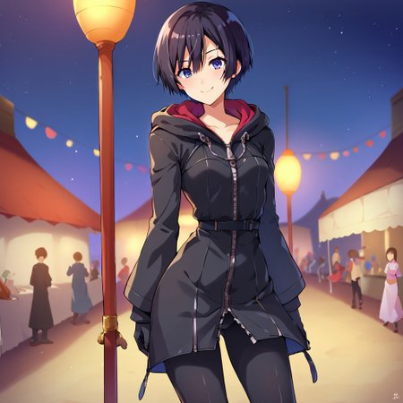 score_9, score_8_up, 1girl, xion, solo, flat chest, small breasts, , xion having fun at a festival, night, short hair, black hair, black coat, wide hips, narrow waist, closed coat, zipper, black pants, black gloves <lora:XionSDXL:1> <lora:BlushySDXL:1>, takeda hiromitsu style, smiling, village, festival