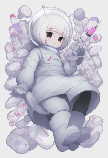 lazypos, girl focus, 1girl, antennae, solo, blunt bangs, white background, white hair, space helmet, black eyes, boots, syringe, short hair, pill, holding, simple background