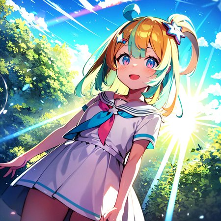 masterpiece, best quality, photorealistic, 3D, shiny_skin, shiny_hair, dynamic angle, beautiful detailed glow, HDR, Rembrandt lighting, colorful refraction, lens flare, bloom, film Reflection, chromatic aberration, light diffusion, public indecency, cowboy shot, deep meaning, physically-based rendering, bright, vibrant, intricate, particles, light rays, 1girl,amakawa hano,<lora:amakawa hano:1.0>,  :d