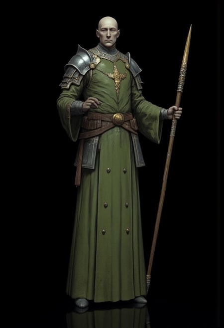 Standing in a hyper stanced extended action pose
a meddle aged bald medieval  summoner mage wearing a green sorcerers tunic and a wizards staff made out of wood zbrush
Set against a solid dark black color background to emphasize its unsettling unnatural form that emphasizes its silhouette. The medium is not a traditional painting or illustrative medium like watercolor or ink but rather a digital 3D rendering.
MikeFranchinastyle, d4artstyle, d4concept, , bbstyle,, horror theme,, zbrush, ZBClay model of a gray sculpture, 1990's, 1990's style