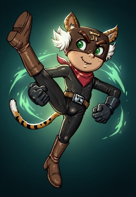 score_9, score_8_up, score_7_up, MidnightDexy, 1boy, solo, male focus, El_Tigre, Mask, Green Eyes, white sideburns, Freckles, Cat Ears, Black Bodysuit, belt buckle, brown boots, Red Bandana around neck, black Gloves, tail, green aura, jumping kick, kicking, from below, jumping, foot focus