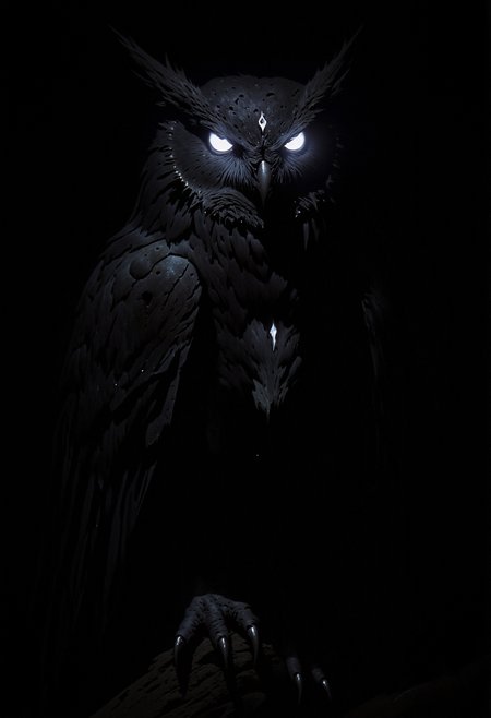 A dark owl with glowing, white-blue eyes perched against a black background. The owl's feathers are entirely deep black with a matte texture, reflecting no light. A small crescent moon symbol is visible on its forehead, glowing faintly with the same white-blue hue as its eyes. The owl is in a still, upright position, its sharp talons gripping an unseen perch in the darkness. The overall style is minimalistic with a focus on the contrast between the dark feathers and the glowing elements. The atmosphere is mysterious, mystical, and eerie, with no visible details of the surrounding environment.   <lora:FluxMythP0rtr4itStyle:0.53> MythP0rt, <lora:dark_fantasy_flux:0.83> <lora:FredFraiStyle-FLUX-Share:0.63> <lora:sxz-Dark-Fantasy-v2-Flux:0.33> drkfnts style, <lora:flux.1_lora_flyway_Epic-Characters_v1:0.43>