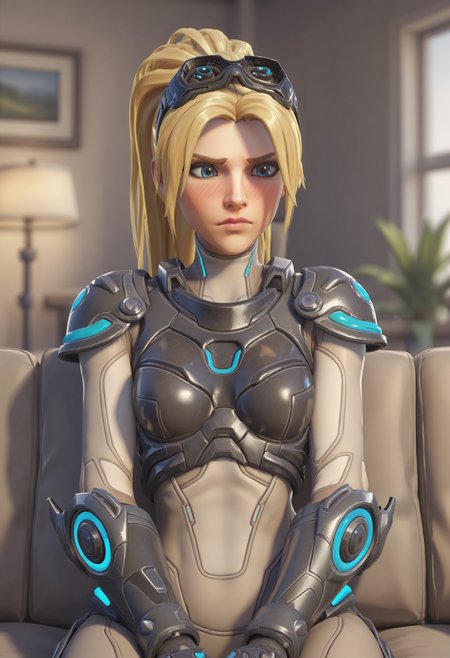 score_9, score_8_up, score_7_up, score_6_up, score_5_up, score_4_up, 1girl, <lora:WidowmakerNova:0.7> solo, medium breasts, ponytail, blonde hair, long hair, blue eyes, bodysuit, armor, goggles, goggles on head, blush, upper body, front view, eyes half closed, embarrassed, sitting on couch,
living room background, couch, window, plant, lamp, blurry background, 3d, render,