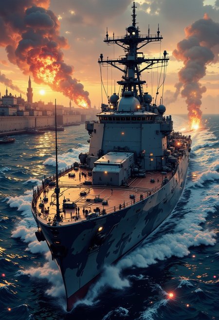 nistyle, sleek military cruiser in camouflage armour, highly advanced industrial look, gun turrets firing, speeding though a fortified harbour, sunset