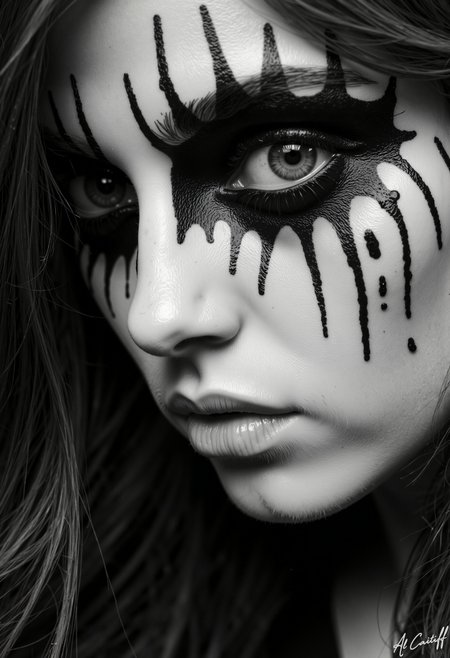 High-angle shot, 105mm telephoto lens with minimal distortion, no motion blur, deep f/1.4 depth of field. Black and white scene with dramatic lighting. A person with pale skin and a single, striking eye painted in intricate black and white patterns, resembling a stylized eye with a black pupil and white sclera. The eye is surrounded by black streaks that resemble tears, creating a haunting effect. The person's face is partially visible, with the focus on the eye, emphasizing the detailed makeup and the stark contrast between the black and white elements.<lora:CustomFlux/MysticRealism.safetensors:1.0000000000000002:1.0000000000000002>