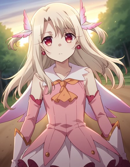 score_9, score_8_up, score_7_up, source_anime, <lora:illyasviel-von-einzbern-prisma-s2s3-ponyxl-lora-nochekaiser:1>,, illyasviel von einzbern, long hair, blonde hair, red eyes, parted bangs,, hair ornament, gloves, dress, jewelry, earrings, detached sleeves, ascot, magical girl, feathers, pink dress, feather hair ornament, prisma illya,, bike ride, countryside, dirt road, trees, afternoon sun, peaceful, alone, , looking at viewer, hand resting on chin, solo,, cowboy shot, dutch angle
