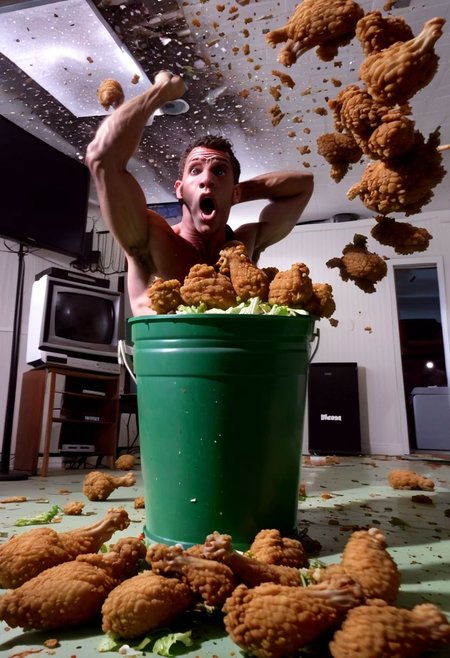fried chicken explosion lettuce covering lens man eating a bucket of fried chicke and flexing reflective television broadcast colors bouncing off surfaces, faces on the floor and in the ceiling, ghosts swirling, psychedelic chaos