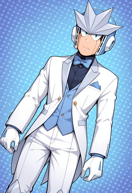 masterpiece, best quality, amazing quality, dutch angle, abstract background, BREAK
1boy, solo, male focus, mm3_gemini, helmet, android, robot, tuxedo, formal, bow tie, BREAK
<lora:cfg_scale_boost:.6>  <lora:Gemini_Man_-_Mega_Man_3_-_ILXL:1>
