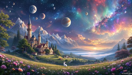 colourful planets and moon and stars and space in the background, a tome, zoomed out, full veiw, hyperealistic, fantasy castlle sitting in a magical jungle in the background, a lake in the background, dinstant galaxies, flowers blowing in the wind, misty mountains in the background, auroa borealis, birds flying in the sky, a unicorn in the distance, small village in the foreground, nighttime, night, dark lighting, gloom, veiwed from a hill, a bunny jumping in the field, 