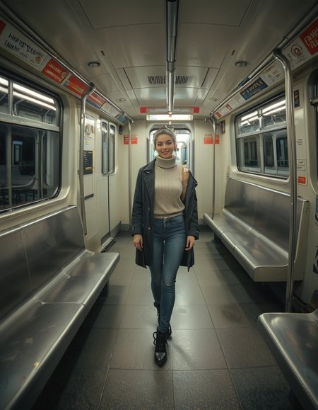 A modern subway train,Subw4y tr41n, in motion, with a single woman standing near the center of the train car, holding onto a shiny metal pole for balance as the train glides along the tracks. The woman is dressed casually yet stylishly, wearing a long black coat over a beige turtleneck sweater, paired with slim-fit jeans and ankle boots. Her hair is neatly tied back into a low bun, with a few loose strands framing her face. She has a thoughtful, calm expression, her gaze directed slightly downward as if lost in her own world. In her other hand, she holds a small tote bag, its strap looped over her wrist, with a paperback book peeking out from the top.
The subway car is clean but shows subtle signs of daily use. The walls are lined with muted gray panels, and the seats along the edges of the car are upholstered in a dark blue fabric, slightly faded from wear. Overhead, fluorescent lighting casts a bright, even glow across the interior, causing faint reflections on the polished floor, which is marked with the occasional scuff from commuters' shoes. Metal grab handles hang from above, gently swaying with the trainâs movement, and shiny steel poles are strategically placed throughout the car.
The windows on both sides reveal a blurry, motion-filled view of the dark subway tunnel, interspersed with flashes of graffiti-covered walls and dim utility lights. Above the windows, digital displays show the next stop in bright LED text, along with a route map that runs the length of the car. Small advertisements are mounted on the walls, showcasing everything from city events to product promotions, some with vibrant colors that add subtle contrast to the neutral tones of the train.
The atmosphere feels still and introspective, with the soft hum of the train and the occasional squeal of the wheels on the track. The train is sparsely occupied, with a few empty seats and subtle details like a forgotten coffee cup on one bench and a folded newspaper lying on the floor. The overall mood is quiet and reflective, capturing a moment of solitude and thoughtfulness during an ordinary subway ride.<lora:SDXLFaeTastic2400:0.4> <lora:extremely_detailed:0.4> extremely detailed, <lora:Subw4y_tr41n:1>, Masterpiece,best quality,hi res,8k,hi res,8k,award winning,(sharp focus, intricate, highly detailed),