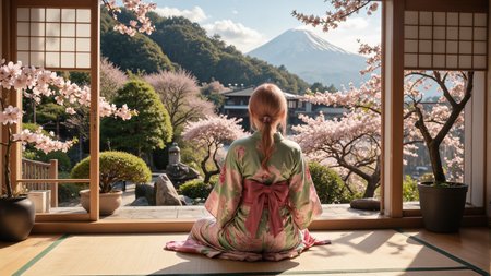 A serene Japanese garden scene during cherry blossom season,a young woman with long pink hair sits in seiza on a tatami mat,wearing a green and pink floral kimono,seen from behind,looking out through open shoji doors at Mount Fuji in the distance,vivid style,soft morning sunlight filters through the cherry blossoms,traditional Japanese architecture nestled among bonsai trees and rolling hills,<lora:yuukananri-base-02-flux:0.7>,yuukananri,she has a slender physique and a petite build,<lora:aidmaMJ6.1v0.4:0.6>,aidmaMJ6.1,