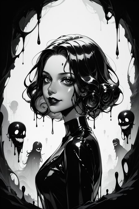 score_9, score_8_up, score_7_up, score_6_up, score_5_up, score_4_up, <lora:GRIM_v1:1>  greyscale, monochrome, limited palette, horror (theme), eldritch abomination, chaotic, silhouette,, <lora:wizardslimev15-t:1> wizardslimus, slime skin, transparent head, transparent body, transparent hair, transparent face, transparent, slime girl, <lora:030483P:0.8> 030483P, woman, 24 years old, <lora:Breast Slider - Pony_alpha1.0_rank4_noxattn_last:0.4>