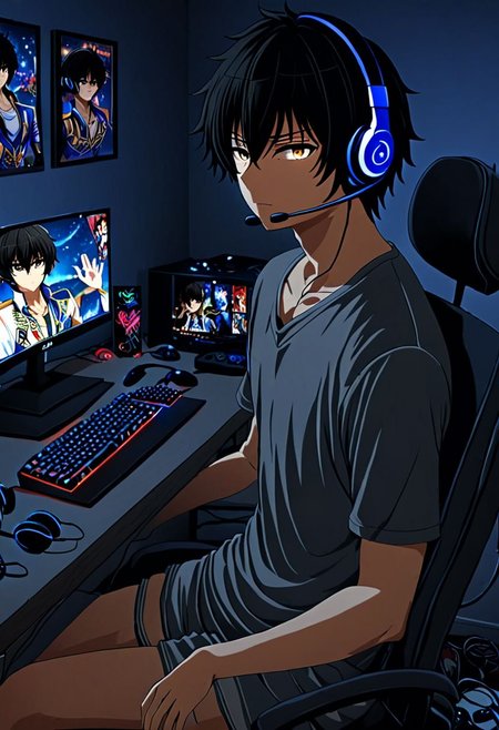 high resolution, solo, best quality, 1Boy, Seiya Kanie, black hair, short hair, thin, gamer, bedroom, night, pc, sit, headset, portraits, OverallDetail