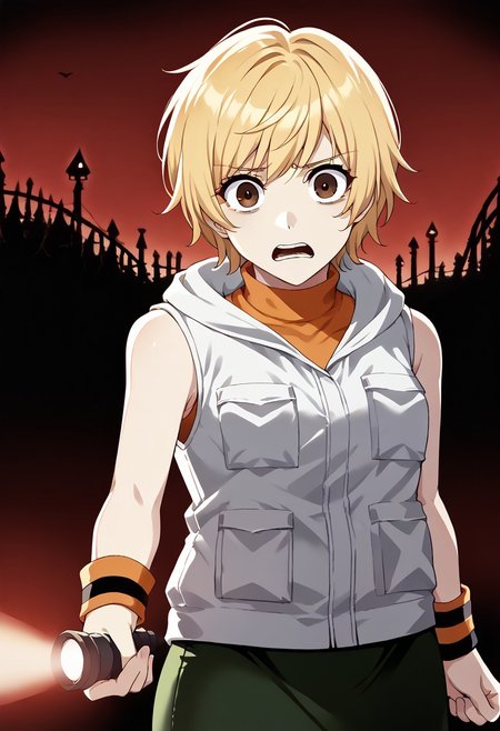 masterpiece,best quality,score_9, score_8_up, score_7_up, source_anime BREAK 1girl, solo, <lora:heathermason-silenthill-richy-v1_pdxl:1>  hthrdf, brown eyes, blonde hair, short hair,(scared,looking at viewer),(white vest,orange sweater, turtleneck, sleeveless, wristband, green skirt, hood down),(cowboy shot),(flpoint, flashlight,holding flashlight,pointing flashlight for viewer),(horror,deep shadows,dark,dark theme,in an amusement park,dark red sky,red theme,red lighting,red light illuminates the girl)