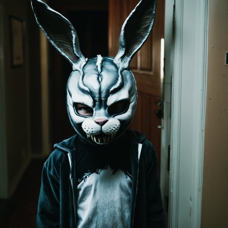 <lora:add-detail-xl:1>
<lora:detailed:0.3>
<lora:perfection style:0.3>
<lora:xl_more_art-full_v1:0.3>
 <lora:Donnie Darko film style:1>
a creepy looking bunny costume with a scary look on its head,solo,1boy,horns,teeth,indoors,mask,sharp teeth,monster,door,horror (theme) , cinematic, film, Donnie Darko film style