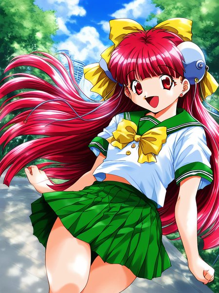 score_9, score_8_up, score_7_up, source_anime, rating_explicit, BREAK  <lora:Nanako_RISE_XL:1>ãNanako_RISE, long hair, red hair, red eyes,  bangs,  hair bow, headgear, yellow bow,
 pink hair, skirt, Yellow school uniform, smile, open mouth, bow, hat, green skirt,  short sleeves,
outdoor, sky, school,