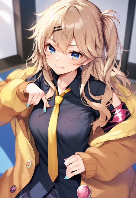 score_9,score_8_up,score_7_up,score_6_up,score_5_up,score_4_up,
<lora:KasukabeTumugi_Pony_V1:1> 1girl, kasukabetumugi, gyaru, 
light brown hair, one side up, black hair clip, black hair band, 
blue eyes, eyelashes, mole under eye, eyebrows visible through hair, 
nail polish, fang, 
shirt, black shirt, Yellow necktie, jacket, 
(4 band aids), (badge), loafers, Black armband,