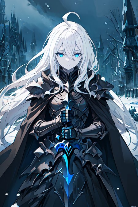 (masterpiece), solo, 1girl, blue eyes, ahoge, white hair, absurdly long hair, flat chest, pale skin, hair between eyes, half-closed eyes,  expressionless, <lora:edg_DeathKnight:1>, edgDeathKnight, wearing edgDeathKnight armor, winter, snow, black cloak, holding sword, looking down
