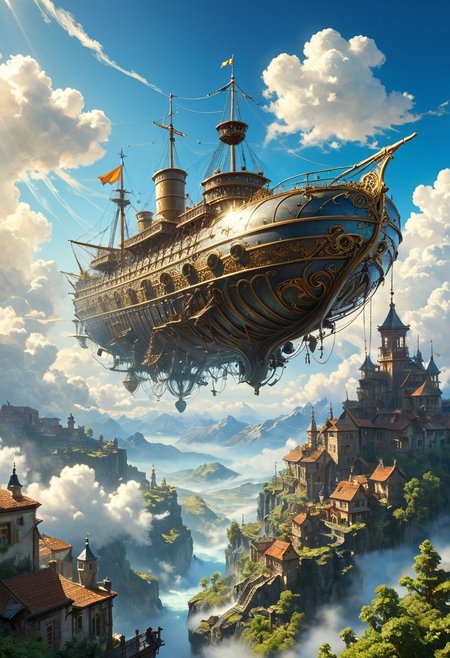 Distant shot, a magic flying ship, above the clouds, in the far distance, brilliant blue sky, stunning, epic magnificent beautiful, realistic, sunbeams, organic tracery, perfect composition, dreamy, digital painting, artstation, concept art, smooth, sharp focus, illustration, Carne Griffiths, pixar, Michael Garmash, Frank Frazetta, Victo ngai, Jean Monge