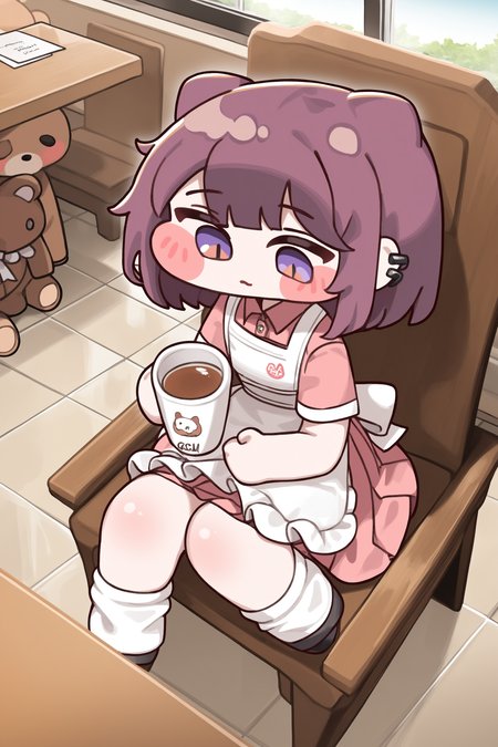 (trickcalcg, trickcal, chibi, chibi only:1.3), blush, blush stickers, original, 
1girl, animal ear piercing, animal ears, apron, chair, closed mouth, collared shirt, cup, day, frilled apron, frills, from above, holding, holding cup, indoors, looking down, loose socks, menu, napkin, on chair, pink hair, pink skirt, pleated skirt, purple eyes, purple hair, restaurant, shirt, short hair, short sleeves, sitting, skirt, socks, solo, stuffed animal, stuffed toy, table, teddy bear, tile floor, tiles, waitress, white apron, window,  
(masterpiece, best quality, absurdres, highres, newest, very awa:1.2), 