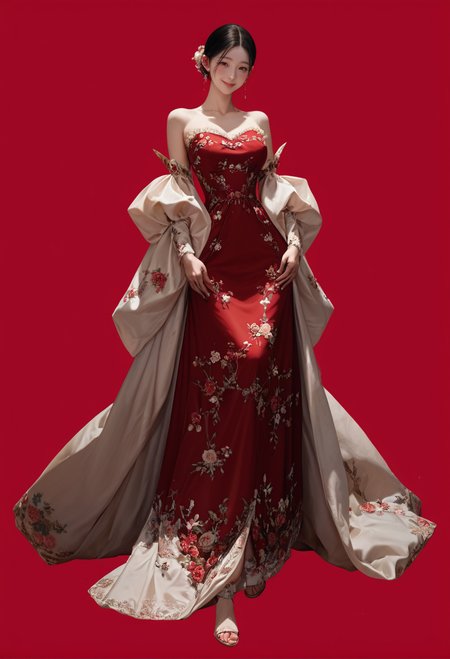 1girl,red background,,ruanyi1007,bare shoulders,detached sleeves,red dress,floral print,strapless dress,
full body,<lora:1007 Chinese wedding dress_v1_pony:1>, score_9, score_8_up, score_7_up, score_6_up, score_9, score_8_up, score_7_up, score_6_up source_anime, blush, 1girl, seduce smile, perfect body , natural huge breasts
