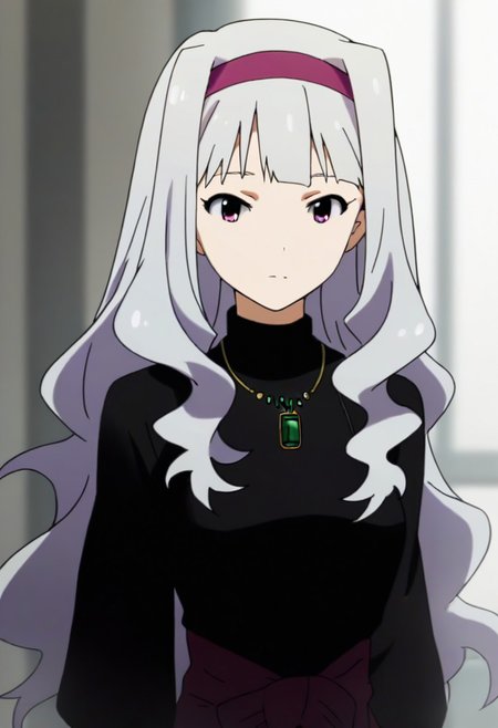 source_anime, uncensored, nsfw, <lora:Takane_Shijou_The_iDOLMSTER_2011_anime_art_style:.8>1girl, solo, grey hair, long hair, purple eyes, breasts, Takane black dress with green brooch outfit , purple hairband, jewelry, necklace, pendant, dress,