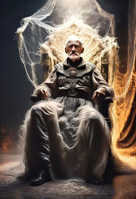 product shot of ultra realistic old man sitting in a throne, covered in cobwebs, against a dark background, two tone lighting, advertisement, octane, unreal  <lora:epiNoiseoffset_v2:1>