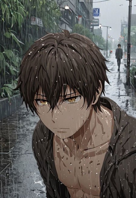 Highres, Masterpiece, High Quality, 4K, 8K, solo, 1Boy, Seiya Kanie, short dark brown hair, golden eyes, footpath, urban, wet, slippery, puddle, heavy rain, overcast, dark, drenched, weak, beaten, looking down, sad, wet hair, withered plants, easynegative, detailed_eye_model