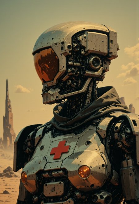 A hyperrealistic upper-body portrait of a battle-medic android, captured in a gritty, cinematic in the style of ckcc photo. His mechanical skull, sleek yet battle-worn, gleams under the flickering light, its surface etched with scars of war. His synthetic optics glow a fractured white, subtle glitches flickering across their surface like dying embers. Faint red cross insignias, faded and distorted by digital interference, mark his plating, a relic of a forgotten duty.
Exposed servo motors and hydraulic joints flex beneath a tattered, high-collared medical officer’s coat, its dark fabric clinging to his reinforced endoskeleton, textured with dust, grime, and the ghostly remnants of past battles. The subtle hum of overworked circuits lingers in the air, barely audible beneath the distant echoes of destruction.
The lighting is stark yet atmospheric, overexposed highlights clashing with deep, desaturated shadows. The background is a swirling haze, a digital bokeh effect distorting the space behind him, making it unclear whether he stands in reality or the final remnants of a corrupted memory. His expression is unreadable, haunting yet strangely inviting—a medic built for war, caught between salvation and oblivion.