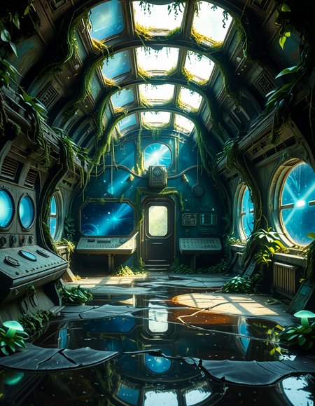 The interior of an ancient abandoned spaceship, overtaken by lush vegetation. The walls and ceiling are covered in thick, twisting vines and moss. Strange alien plants glow faintly in shades of blue and green, casting an eerie, mystical light across the metallic surfaces. Rusted control panels and shattered glass windows hint at a long-forgotten past. The floor is cracked and partially flooded with still, reflective water. Patches of bioluminescent fungi cling to the corners, adding a surreal atmosphere. The air feels heavy with moisture, and beams of soft, diffused light filter through holes in the hull, creating dramatic shafts of light and shadow. The overall style is hyper-realistic, rich in textures, with a cinematic and slightly melancholic mood.<lora:SDXLFaeTastic2400:0.4> <lora:extremely_detailed:0.4> extremely detailed,<lora:ancient_abandoned_sp4c3sh1p:1>,ancient abandoned sp4c3sh1p, Masterpiece,best quality,hi res,8k,hi res,8k,award winning,(sharp focus, intricate, highly detailed),