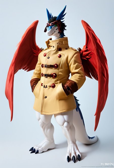 Expressiveh, score_9, score_8_up, score_7_up ,score_6_up, solo, 8k,mature male, anthro male, furry, furry, anthro, solo, shiron, dragon, best quality, 2k, digimon (creature), dragon, scalie, windragon, handwear, wings, black hair,  green eyes, red hue body, muscular, (slightly chubby:0.9), red wings, wearing trenchcoat, source_furry, dof, full-length artwork