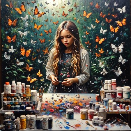oneironartifex onefex a painting in a painting studio, girl artist painter and butterflies, very detailed<lora:oneironartifex:1.2>