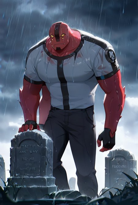 <lora:fourarms-05:1> fourarms, red skin, solo, male focus, yellow sclera, no pupils, 4 eyes, , fingerless gloves, white shirt, black pants, 4 arms , large pectorals, underbite,   multiple arms,   <lora:WSSKX_WAI:1>, near grave, sad day, raining, grave yard, grey sky,, masterpiece, best quality, amazing quality, very aesthetic, absurdres, newest,
