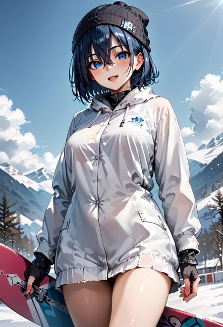 score_9, score_8_up, score_7_up, score_6_up, score_9, score_8_up, kaede (1girl, blue eyes, dark blue hair, blush, big tits, hair between eyes, short hair).
(smirk:0.9), (open mouth:0.9), cute, 
beanie, gloves, snowboarding, leaning back, 
(snowboard:1.1), slope, at snowy mountain, day, 
sharp focus, looking at viewer, from below, motion blur, depth of field, (intricate:1.1), (white tone:1.1), (pale blue tone:0.9), (white atmosphere:1.1), 
llustration, (anime coloring:1.1), high contrast, 
(masterpiece:1.2), (best quality:1.2), (very aesthetic:1.2), (absurdres:1.2), (detailed background), newest, ai-generated, (intricate details:1.2).